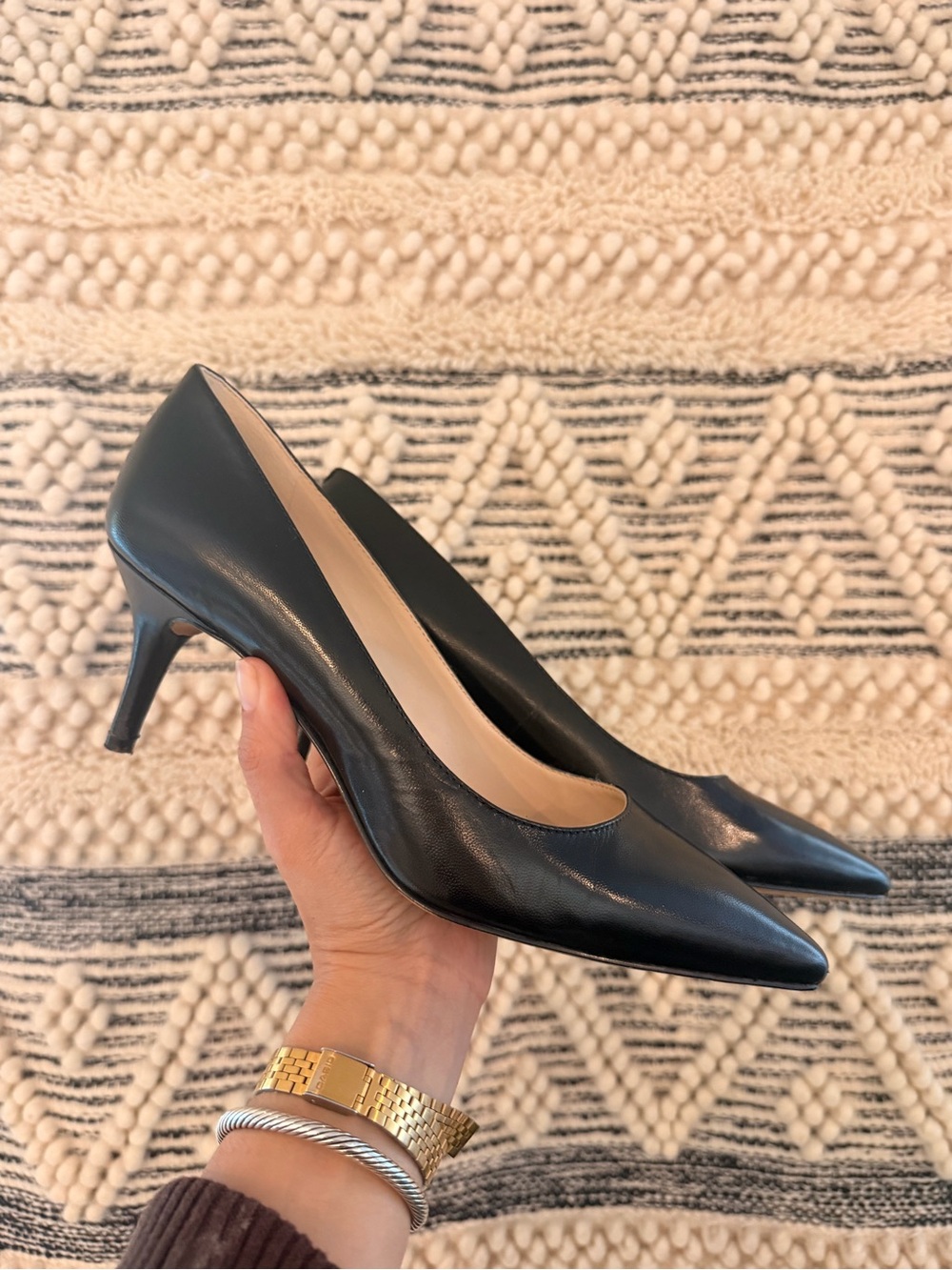 Nine West Classic Black Leather Pointed-Toe Pumps Kitten Heels